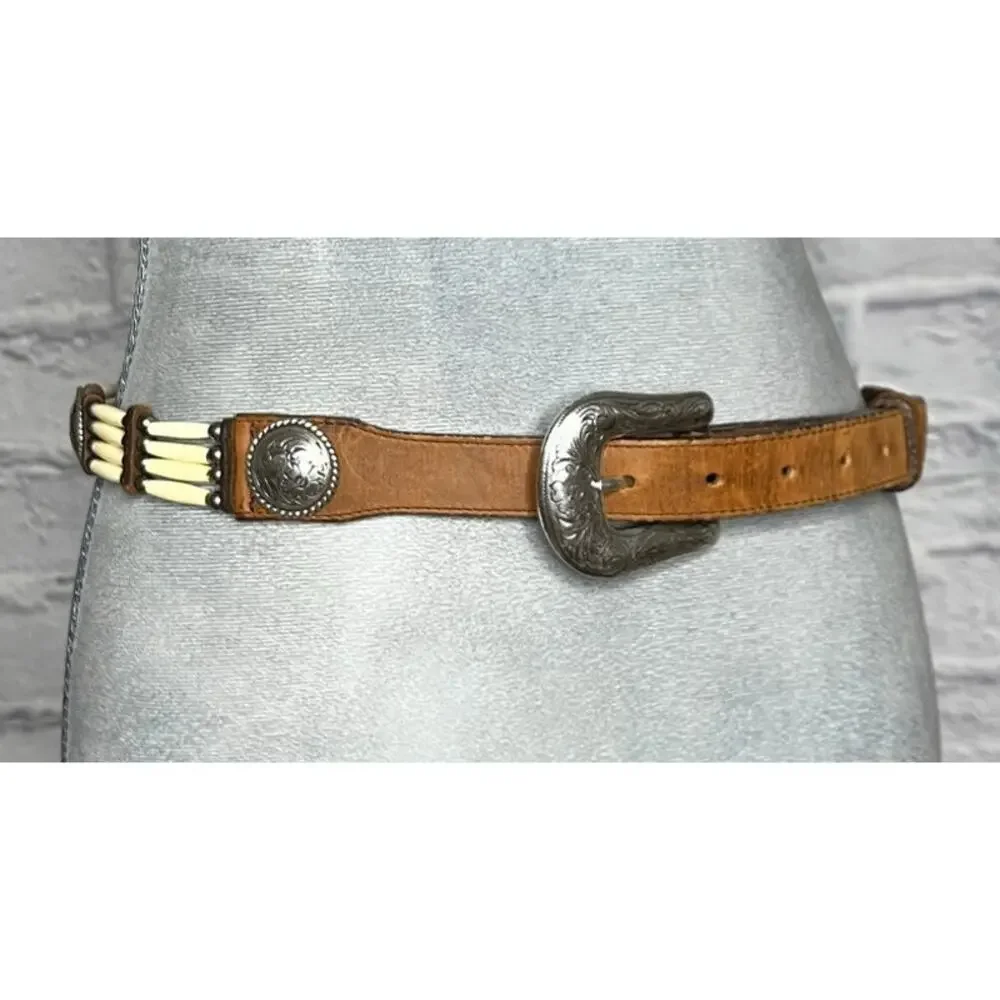 Vintage Tony Lama Western Hair Pipe Bone Bead and Concho Leather Belt